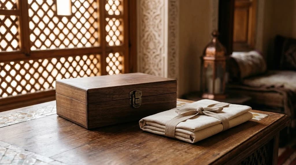 صندوق خشبي مغلق بمشبك نحاسي بسيط إلى جانب لفافة قماشية مطوية مربوطة بشريط على طاولة خشبية، مع شبك خشبي مشربية وفانوس معدني في الخلفية