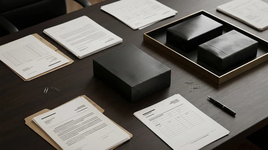 Editorial still-life of a protected product, separated secondary packaging and legal files, representing trademark protection and enforcement in Morocco